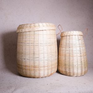 West African, Sierra Leonean, handwoven tall baskets with lid and handle